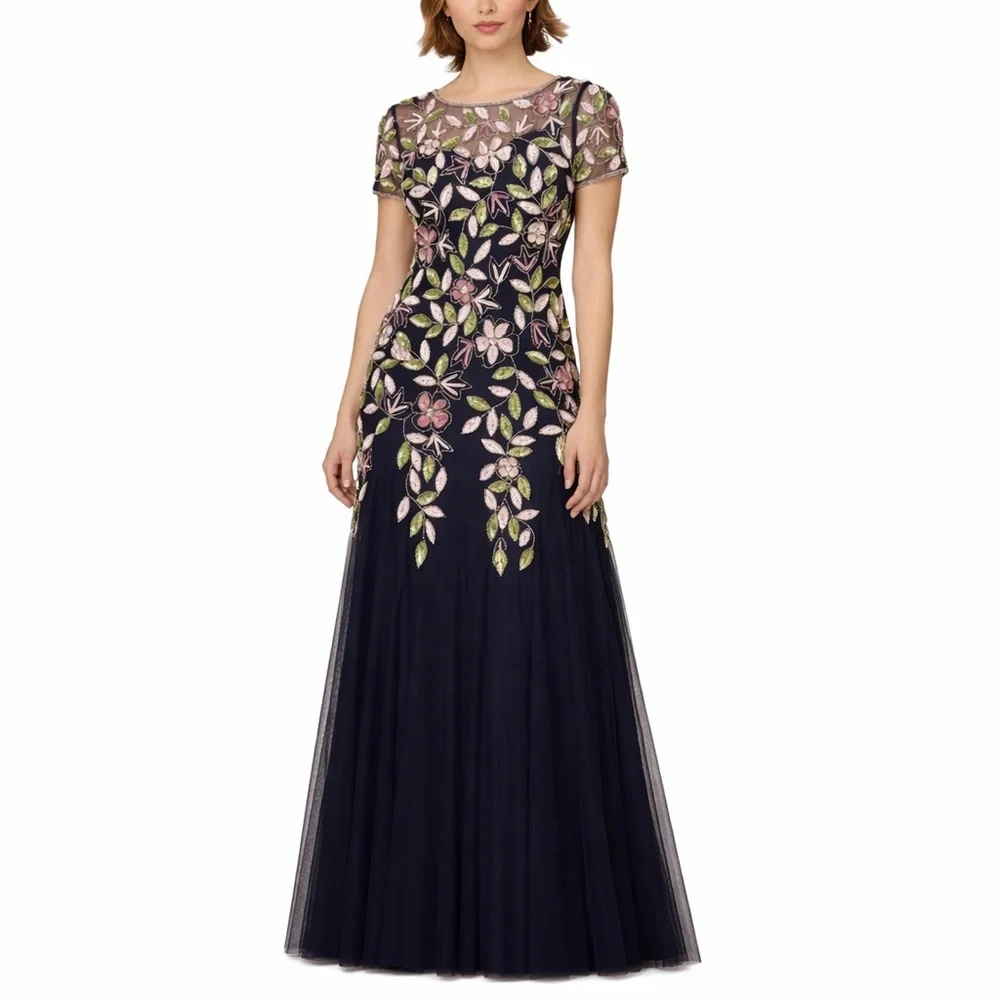 Adrianna Papell NWT Size 12 Navy Floral Beaded Gown Formal Evening Dress_4
